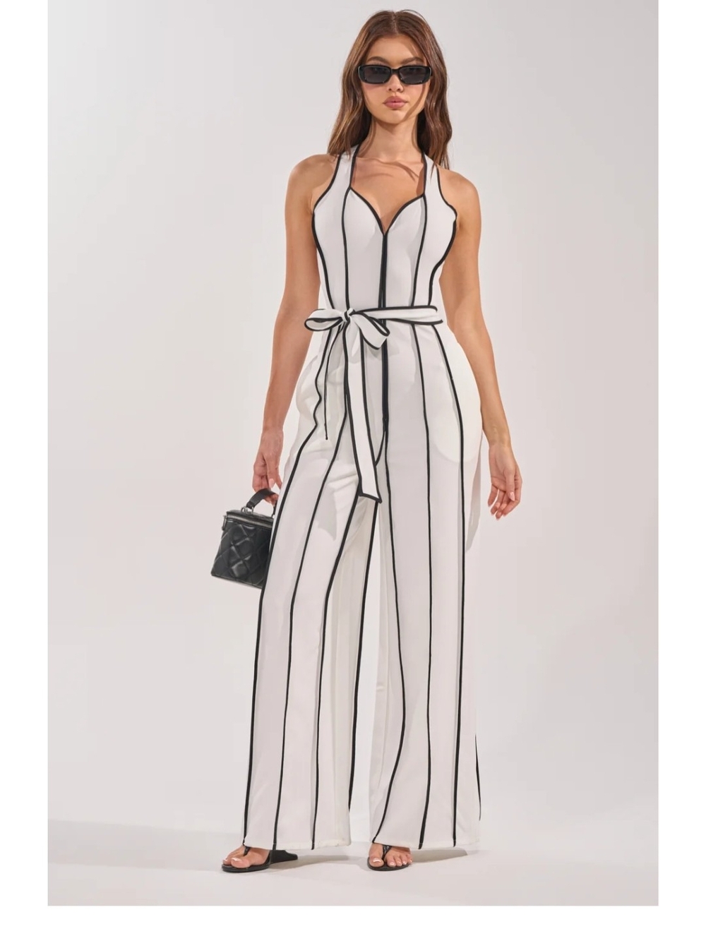 White Vertical-Stripe Halter Jumpsuit with Waist Tie